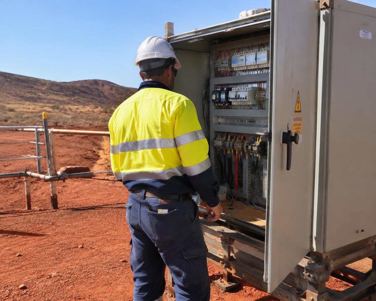 Electrician inspecting an electrical cabinet at a remote site